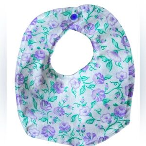 Hand Crafted Purple Floral Baby Bib with Green Leaves Soft Flannel 0-3 months